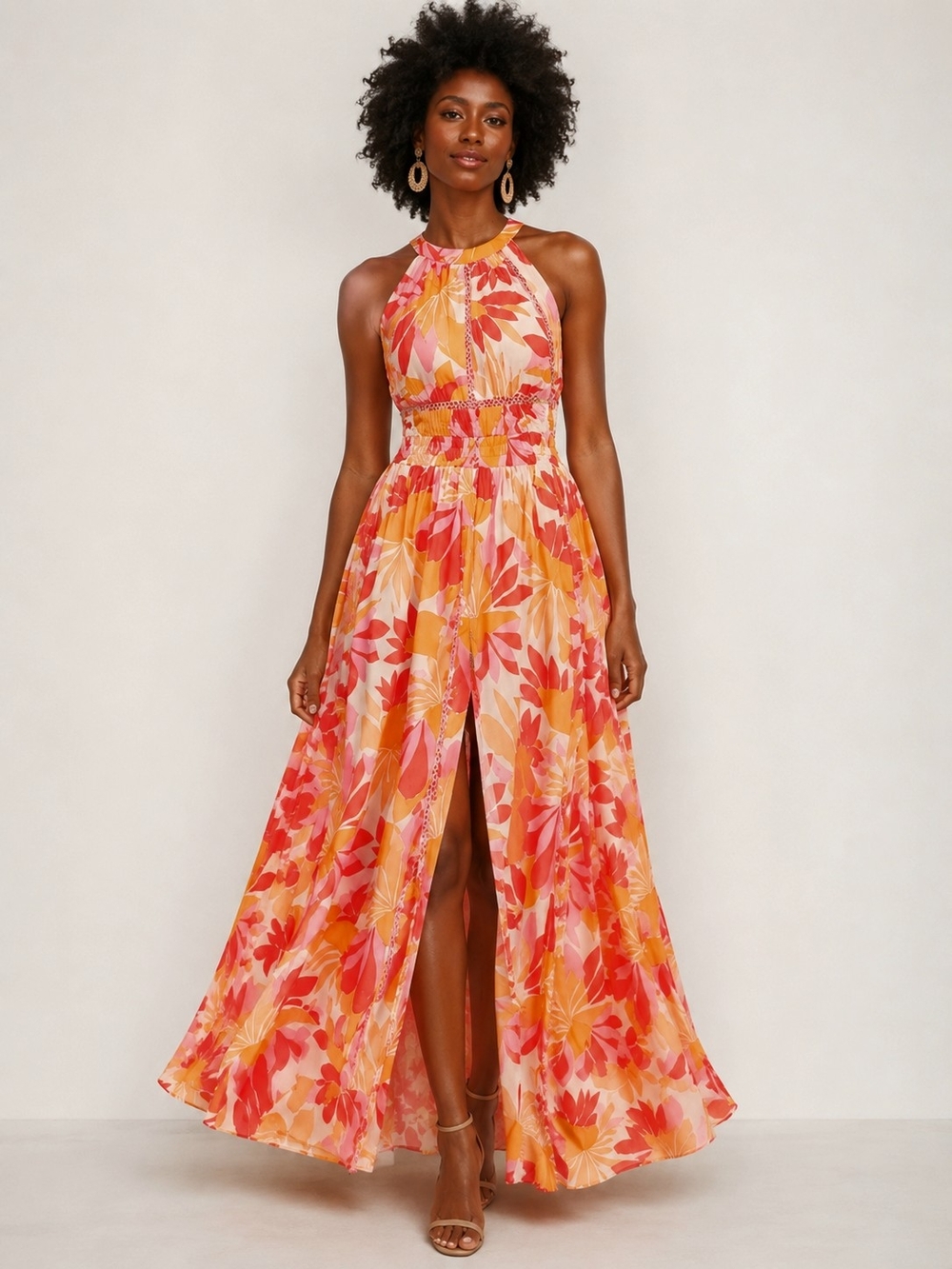 Abel The Label Maxi Dress Pink Orange Floral Cut Out Open Back Boho Sundress M - Picture 2 of 15